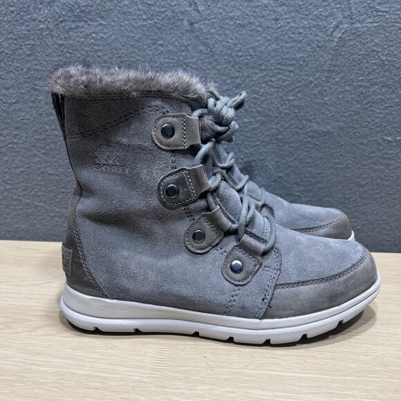 Sorel Explorer Joan Waterproof Gray Suede Lace Up Mid Bootie Womens Size 7 - Picture 2 of 12